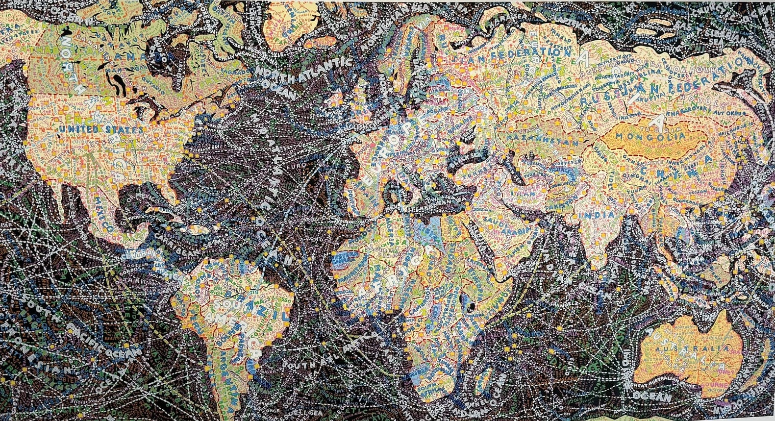 A playfully illustrated map of the world, with lines all over it indicating trade routes that span the world.